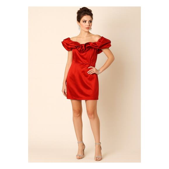 Off Shoulder Red Satin Mini Dress - Size M - Picture 1 of 12